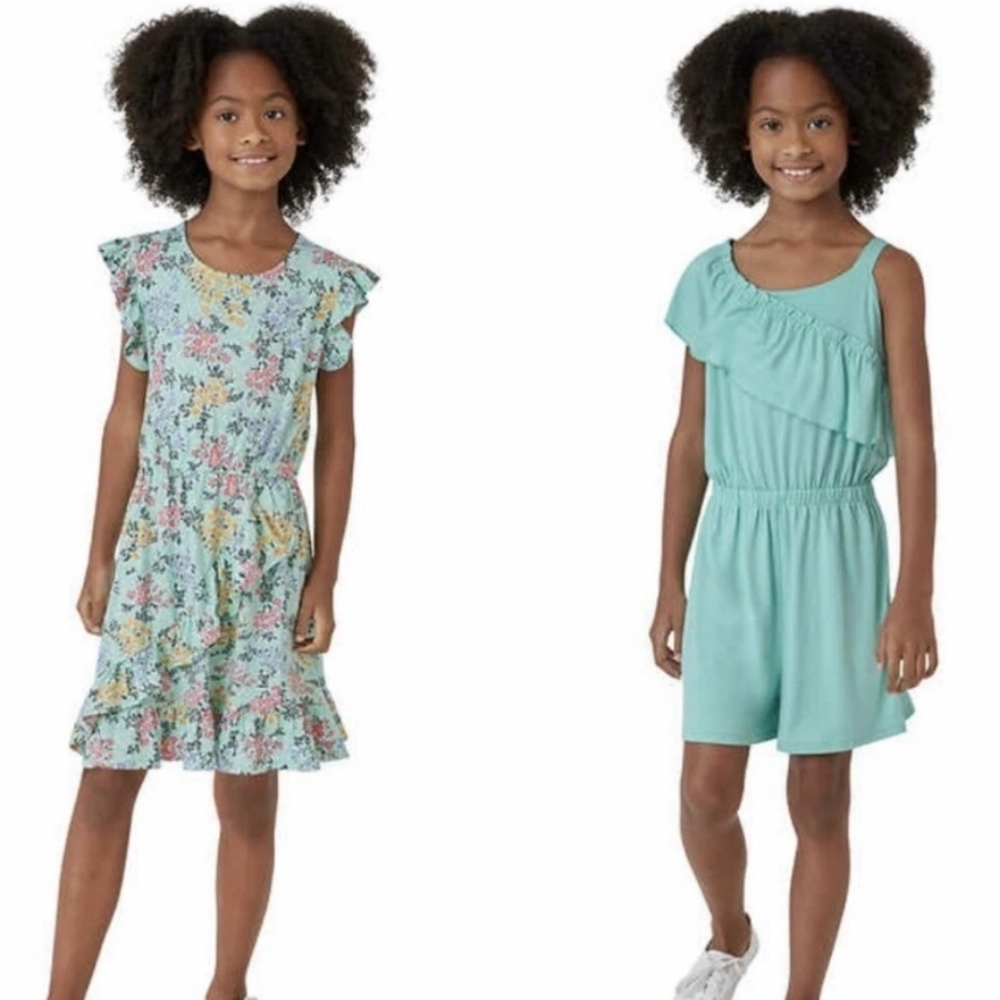 BCBG Girls Seafoam Green Floral Sleeveless Romper Dress 2 Piece Set Size L 14/16